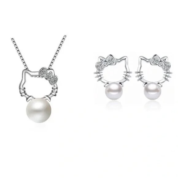 Hello Kitty Set Faux Pearls in 925 Sterling Silver. NWOT - Picture 1 of 10
